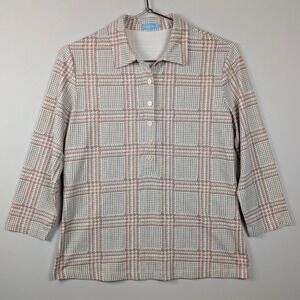J. McLaughlin Catalina Cloth Polo Top MEDIUM Pink Brown Plaid Golf Preppy